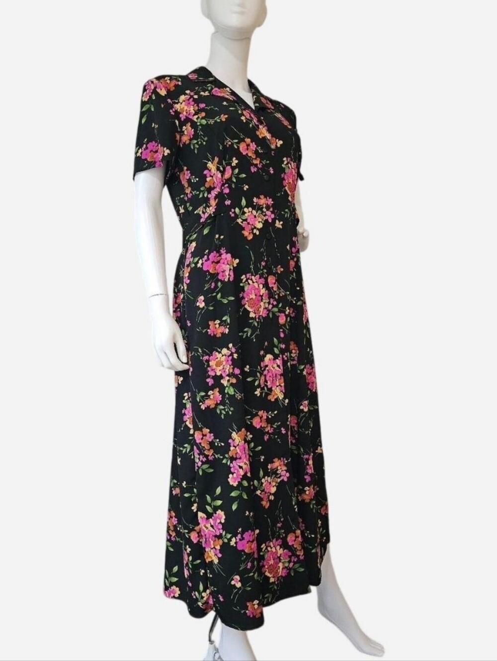 Vintage MISS DORBY Black Floral Button-Front Maxi Dress. Size 8